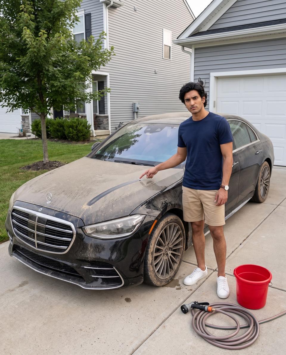 Dusty black Mercedes S-Class in a driveway before washing, with a finger streak drawn through the dust on the bonnet