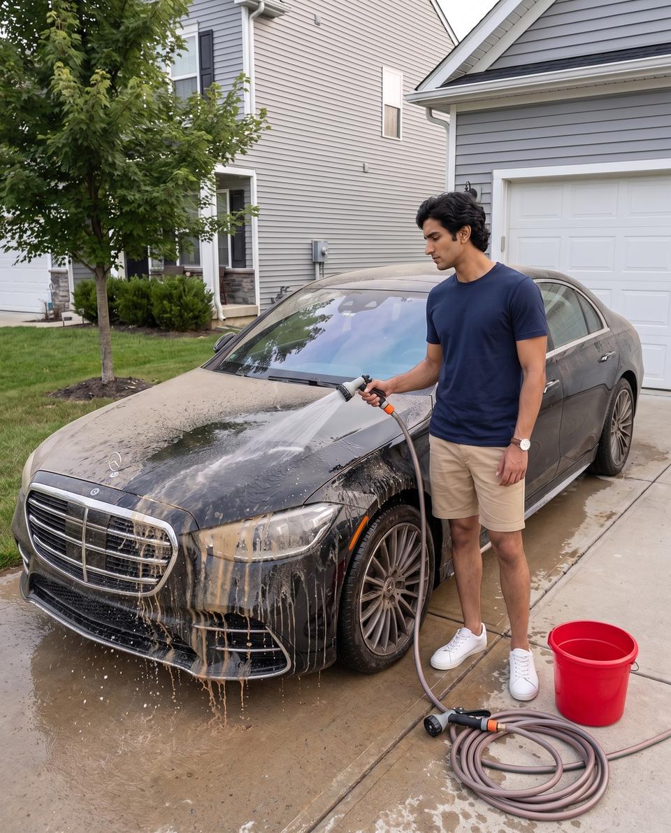 Pre-rinsing a dusty black Mercedes S-Class with a garden hose, muddy water running off the bonnet and bumper