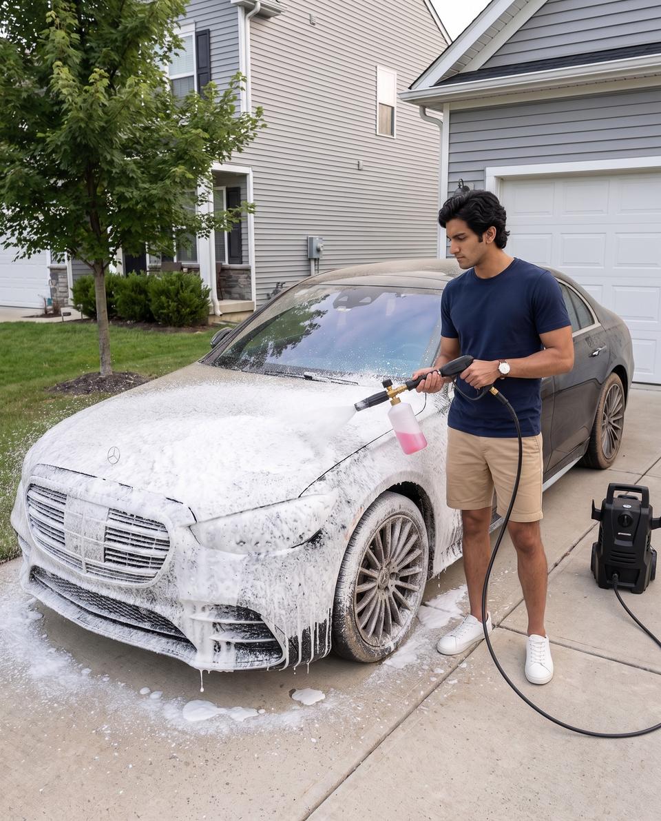 Pressure washer and snow-foam cannon covering a black Mercedes S-Class in thick shampoo foam