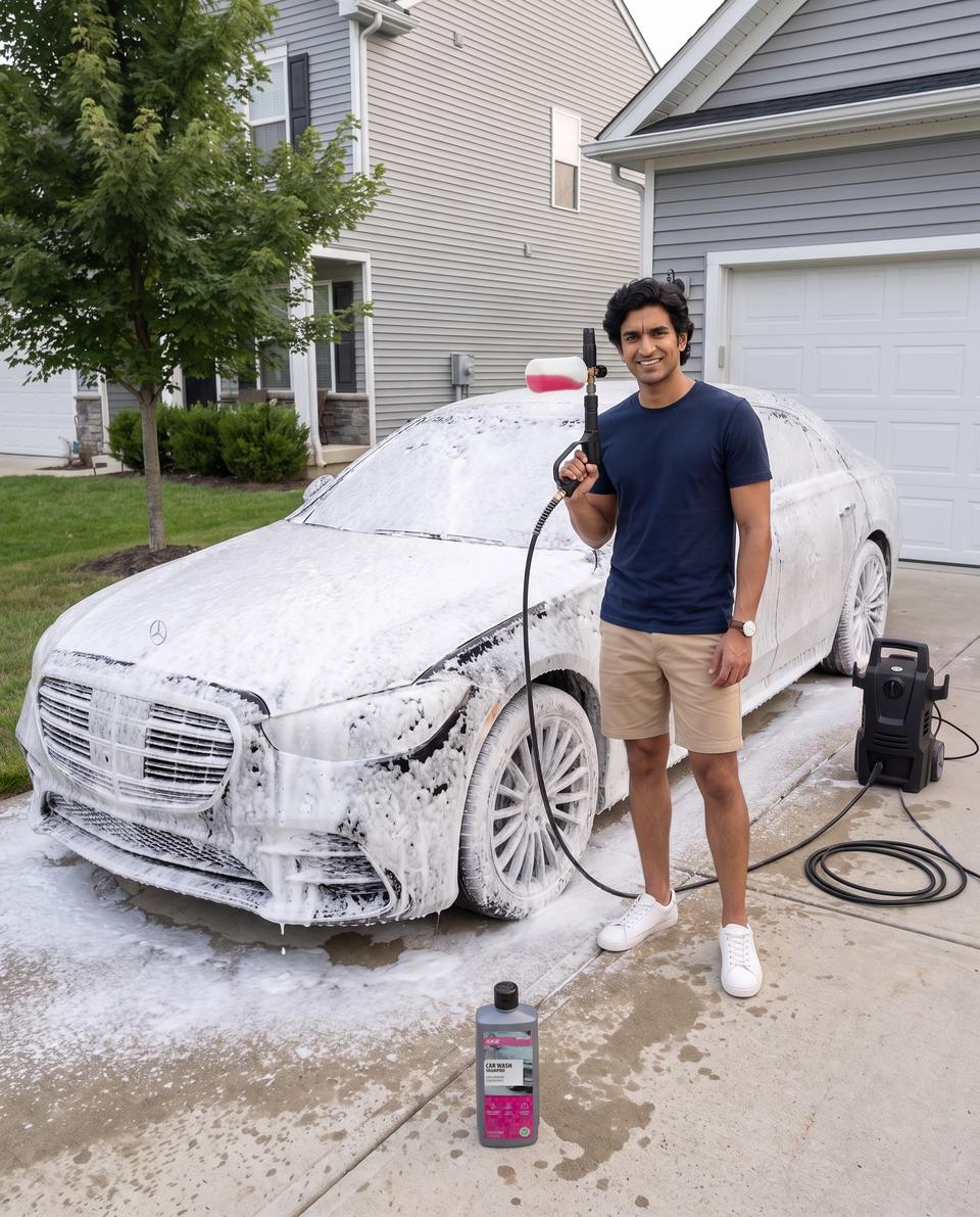 Black Mercedes S-Class completely covered in snow foam, with a bottle of KKE Car Wash Shampoo on the driveway in front