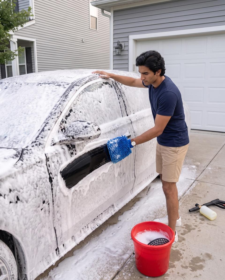 Washing a foam-covered Mercedes S-Class door with a blue chenille wash mitt, leaving a clean glossy stripe, with a wash bucket at his feet