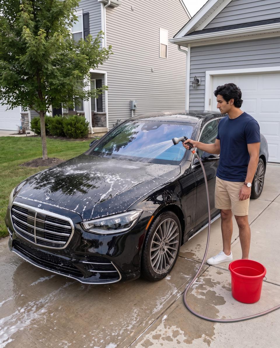 Rinsing shampoo foam off a black Mercedes S-Class with a hose, glossy paint showing underneath
