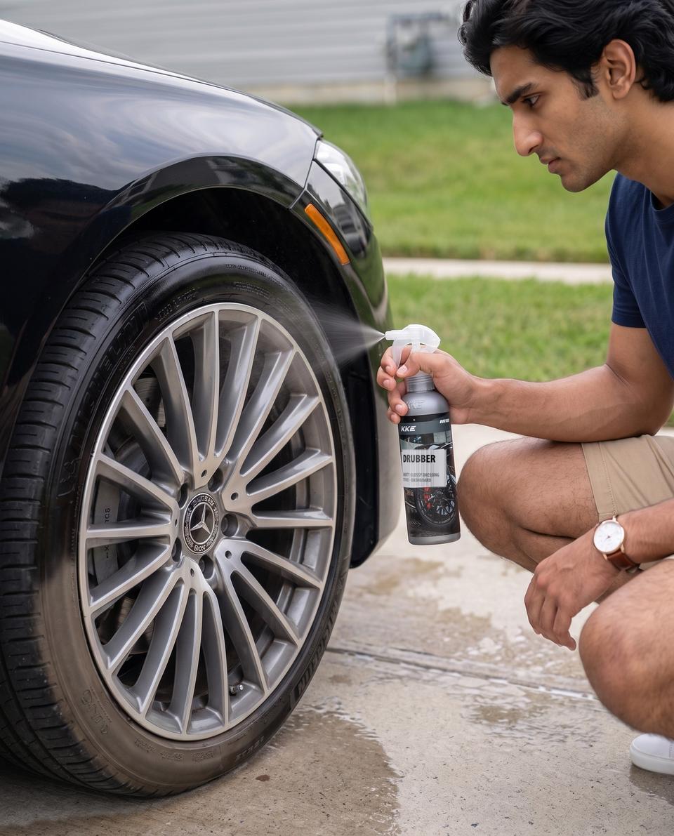 Spraying KKE Drubber tyre dressing onto the sidewall of a Mercedes S-Class tyre