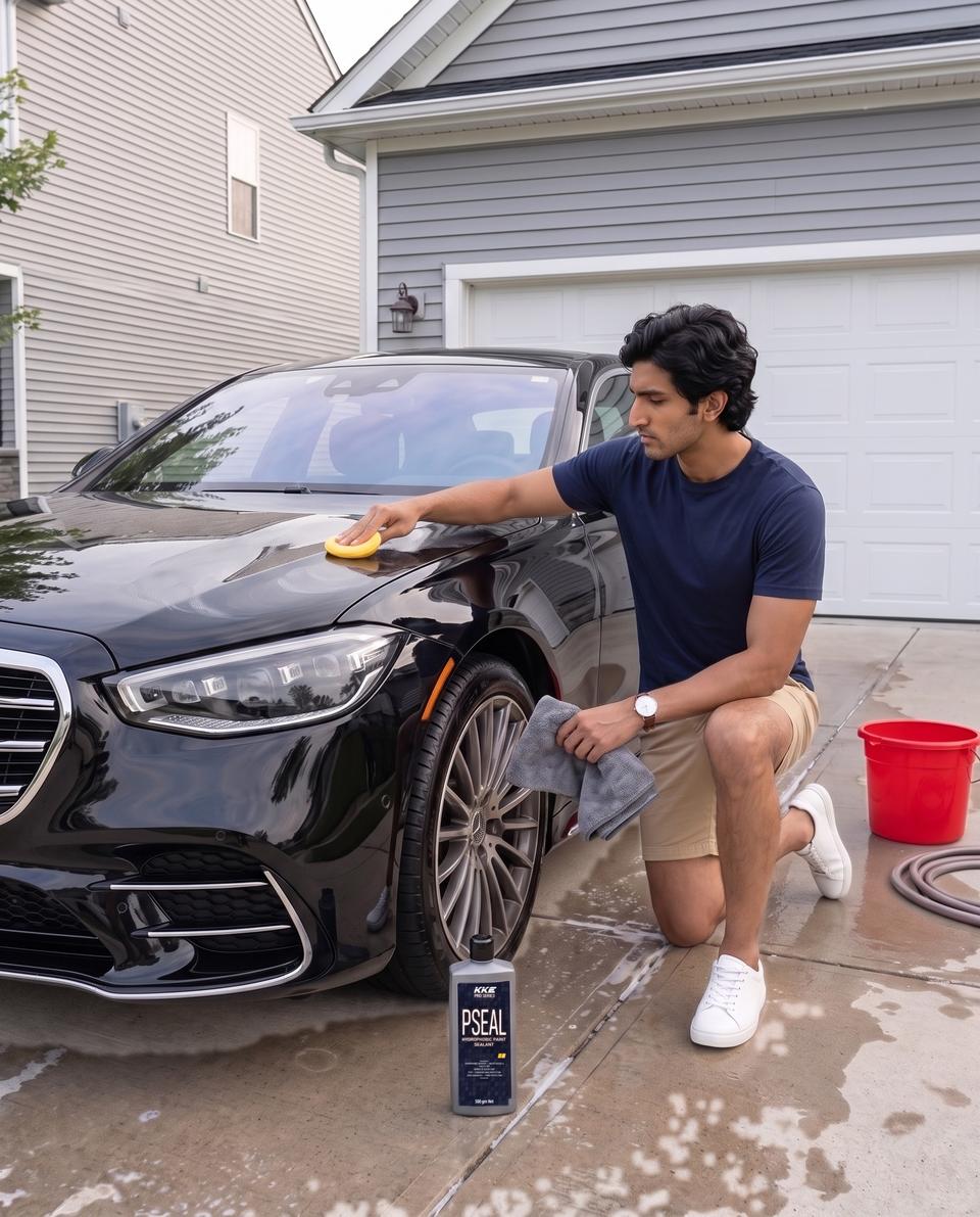 Applying KKE Pro Seal paint sealant to a black Mercedes S-Class with a foam applicator pad, microfibre towel in the other hand