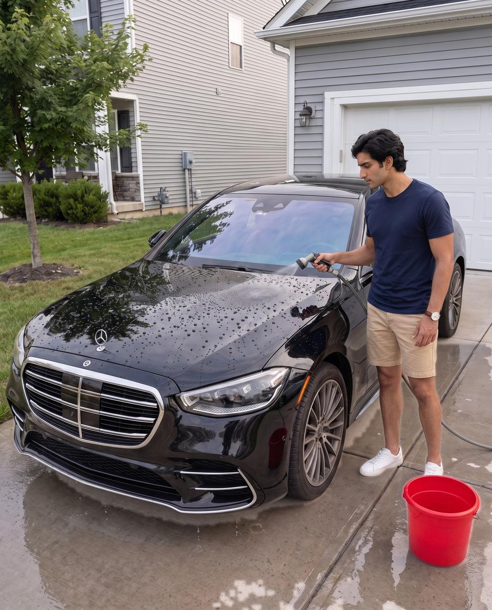 Water beading on the sealed bonnet of a black Mercedes S-Class during a hose test