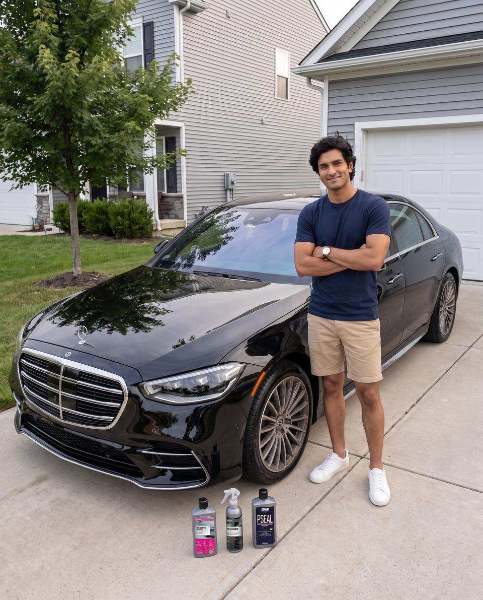 Clean, sealed black Mercedes S-Class in a driveway with KKE Car Wash Shampoo, KKE Drubber and KKE Pro Seal bottles lined up in front