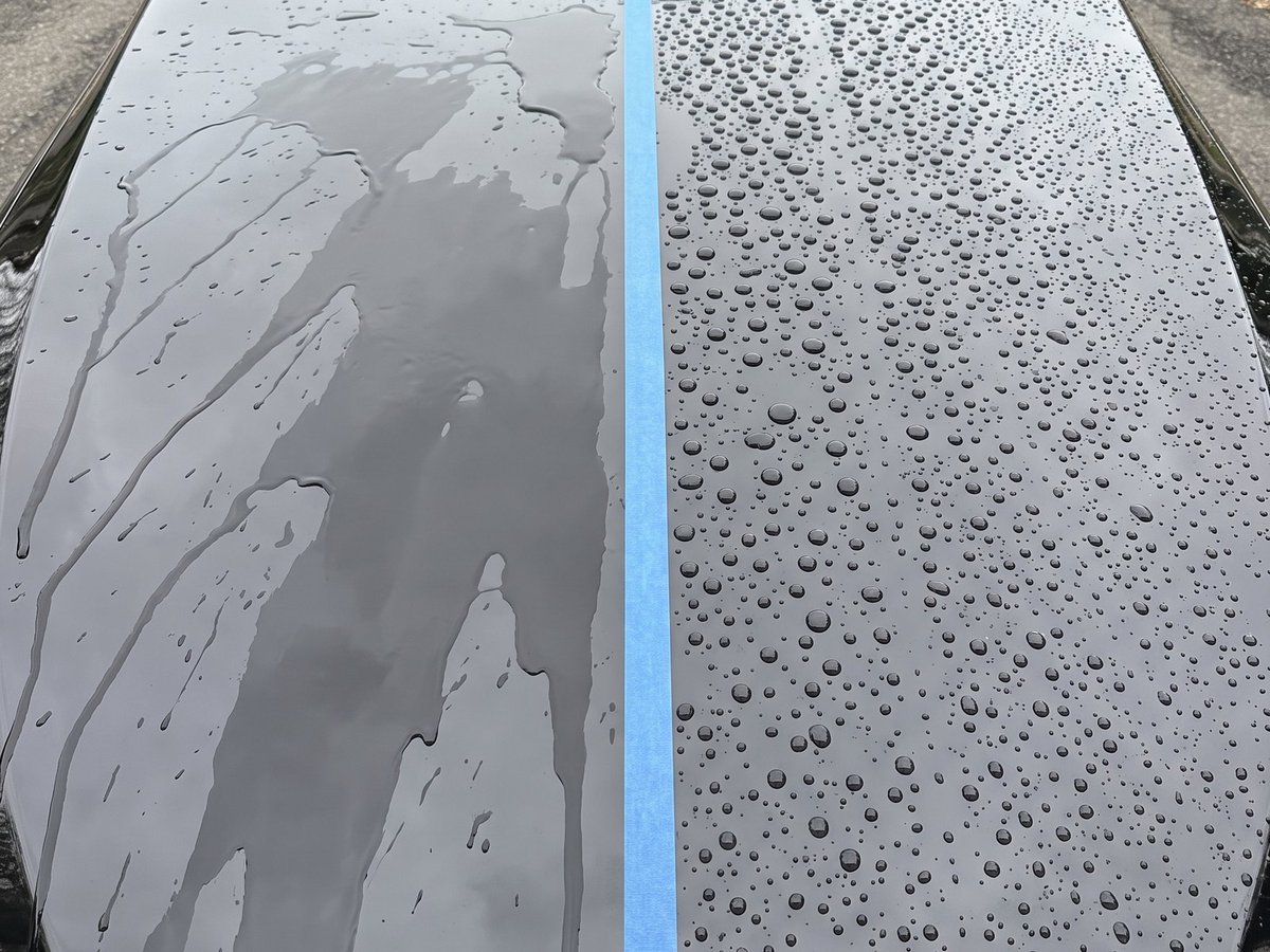 Bonnet split with masking tape: water lies in flat patches on the unsealed half and forms tight beads on the half sealed with KKE Pro Seal