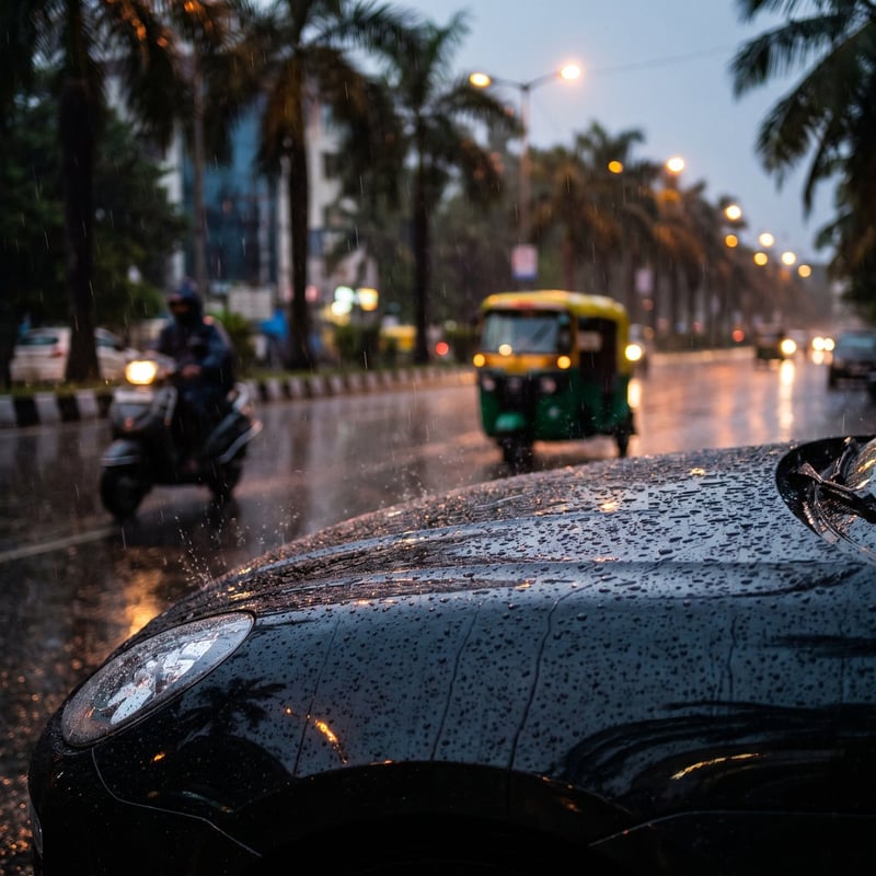 Rain beading on the bonnet of a black SUV parked on a wet street at dusk