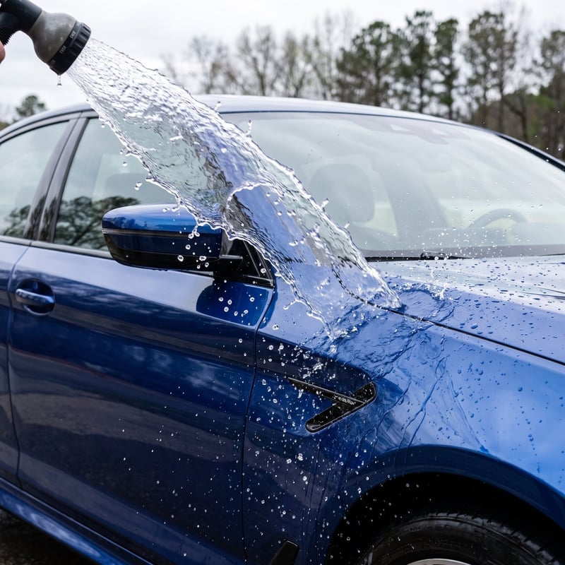Hose water sliding off a sealed blue car door in a sheet