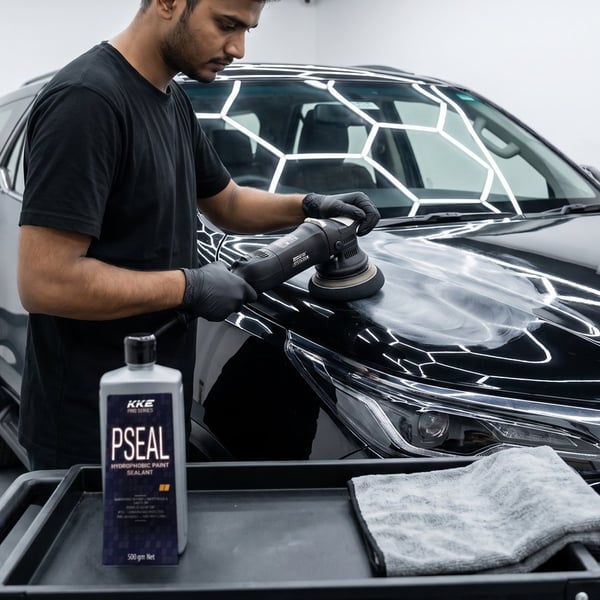 Detailer spreading Pro Seal on a black bonnet with a DA polisher