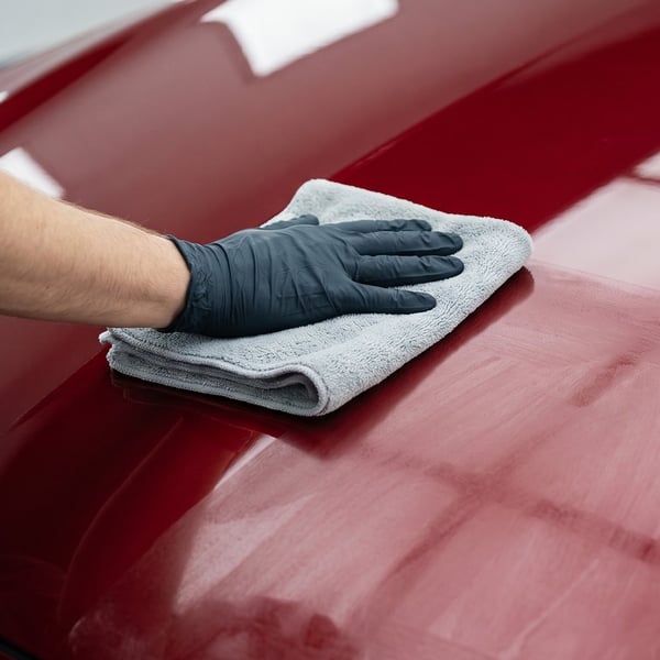 Buffing the haze off red paint with a grey microfibre towel