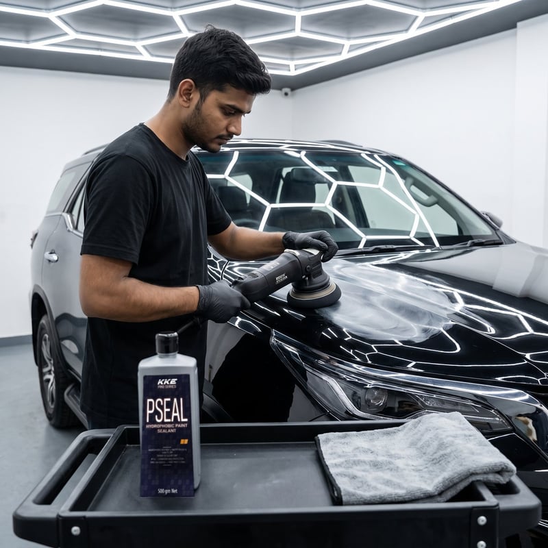 Detailer applying KKE Pro Seal with a DA polisher in a detailing studio, bottle on the trolley