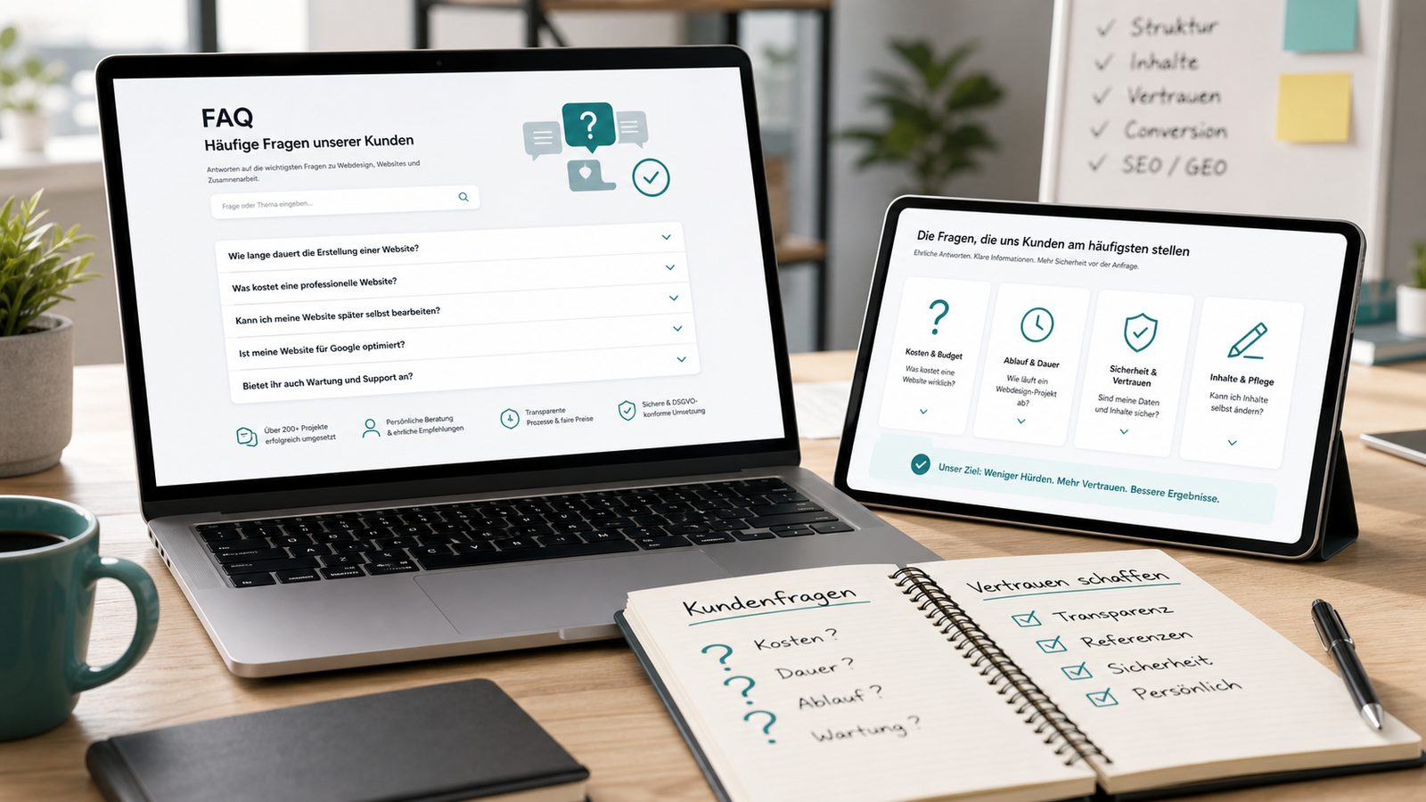 Laptop und Tablet mit FAQ-Bereich, Kundenfragen und Checkliste für Website-Vertrauen