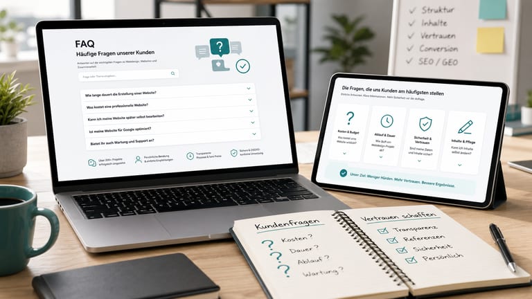 Laptop und Tablet mit FAQ-Bereich, Kundenfragen und Checkliste für Website-Vertrauen
