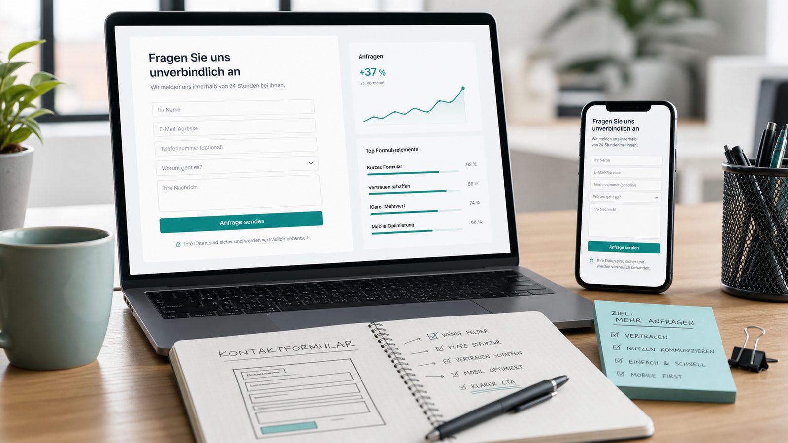 Laptop mit Kontaktformular, Smartphone-Vorschau, Formular-Skizzen und Analyse-Dashboard