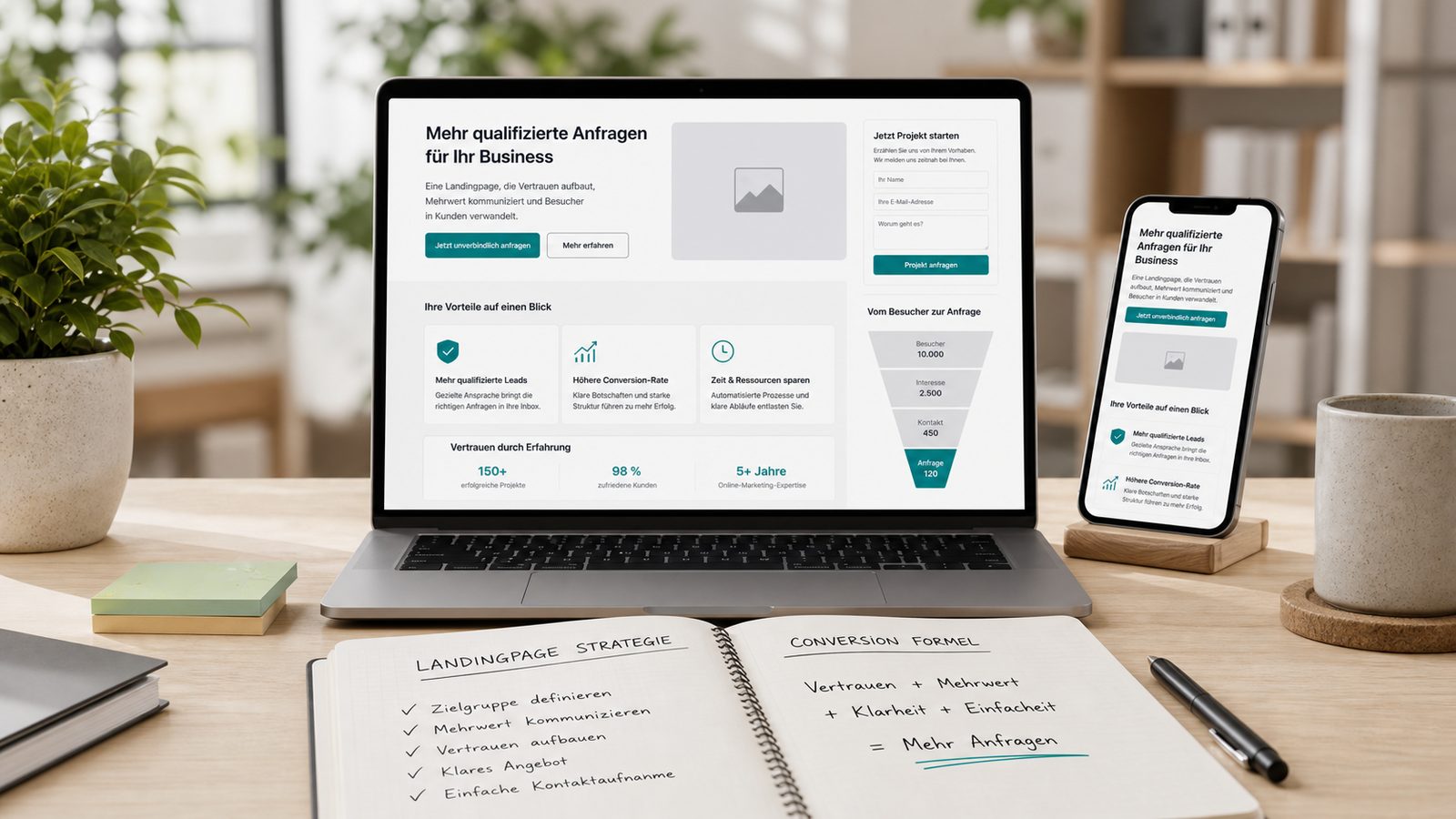 Laptop und Smartphone mit Landingpage-Wireframe, Conversion-Funnel und Formularplanung auf einem modernen Schreibtisch
