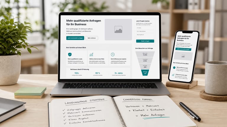 Laptop und Smartphone mit Landingpage-Wireframe, Conversion-Funnel und Formularplanung auf einem modernen Schreibtisch