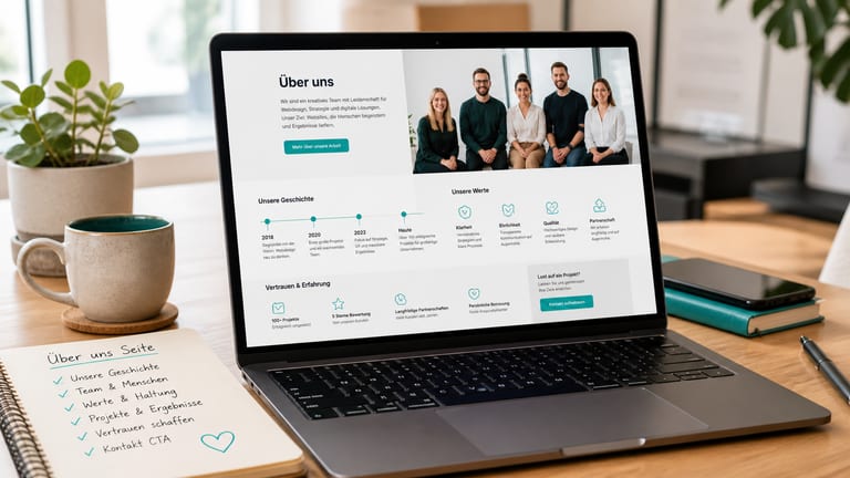Laptop mit Über-uns-Seitenentwurf, Teamprofilen, Unternehmensgeschichte und Vertrauenselementen auf einem modernen Schreibtisch