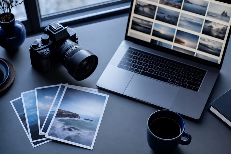 Schreibtisch mit Kamera, Laptop mit Bilderübersicht und ausgedruckten Fotos