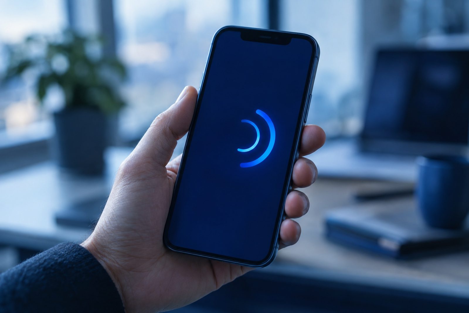 Hand hält ein Smartphone mit einer Ladeanzeige auf dunkelblauem Bildschirm