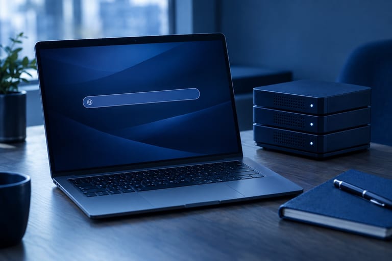 Laptop mit leerer Adresszeile auf dem Bildschirm, daneben ein Stapel kleiner Server-Geräte
