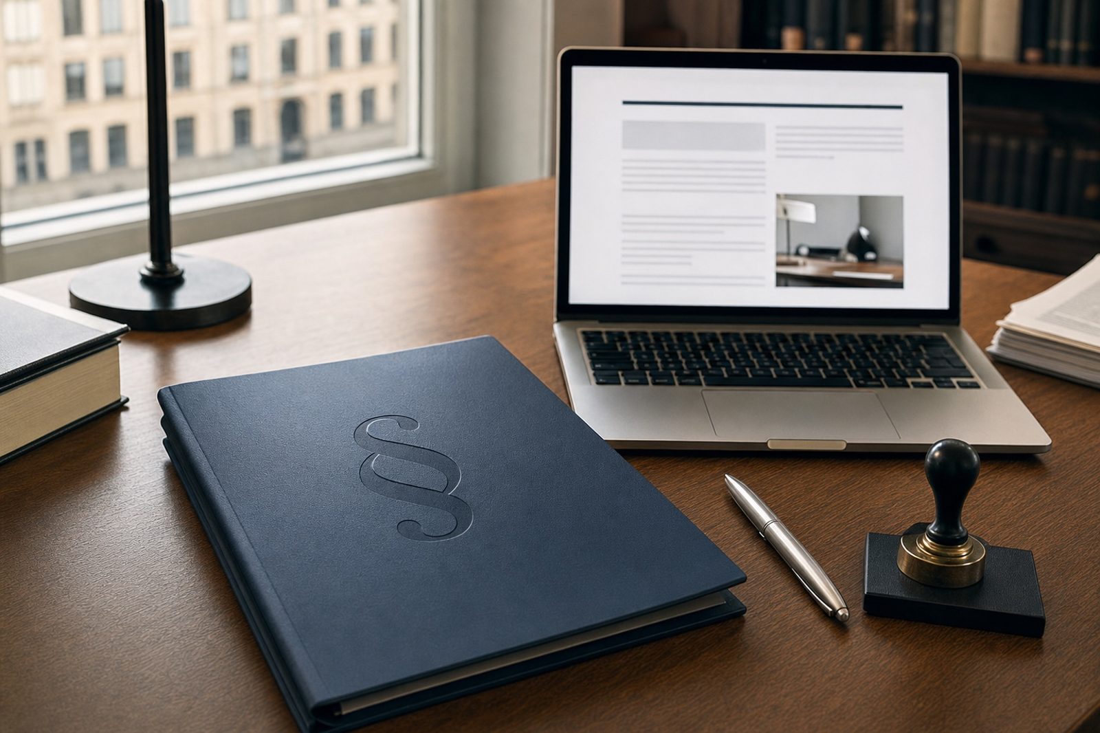 Schreibtisch mit Laptop, auf dem Bildschirm eine Impressum-Seite, daneben Ordner und Stempel