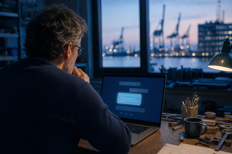 Unternehmer prüft am Laptop eine KI-Antwort, im Hintergrund der Hamburger Hafen