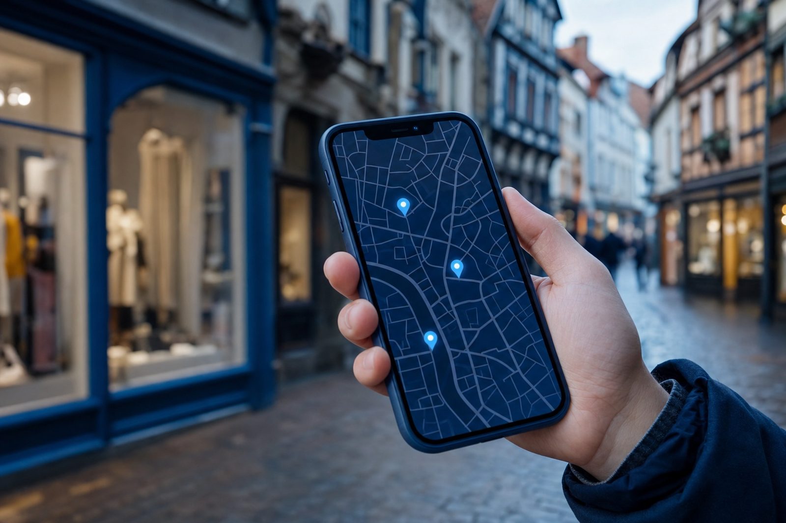 Smartphone mit Kartenansicht und Standort-Pins vor einer Ladenzeile in der Altstadt