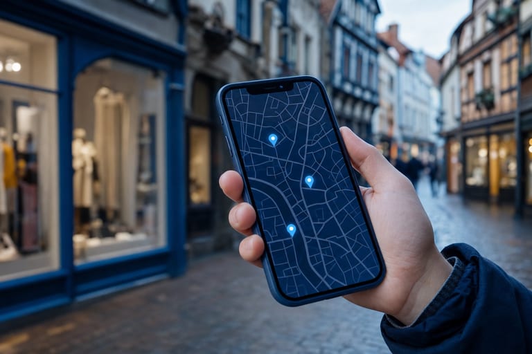 Smartphone mit Kartenansicht und Standort-Pins vor einer Ladenzeile in der Altstadt