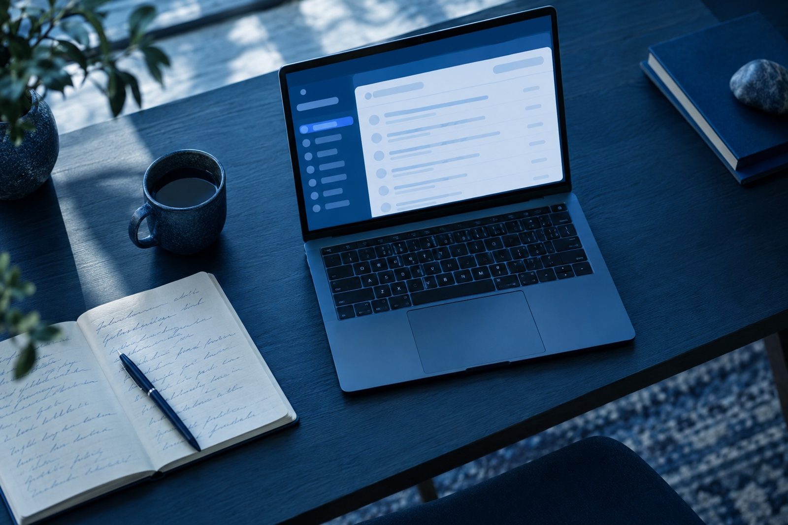 Schreibtisch mit Laptop, geöffnetem Notizbuch und Tasse in blauem Licht