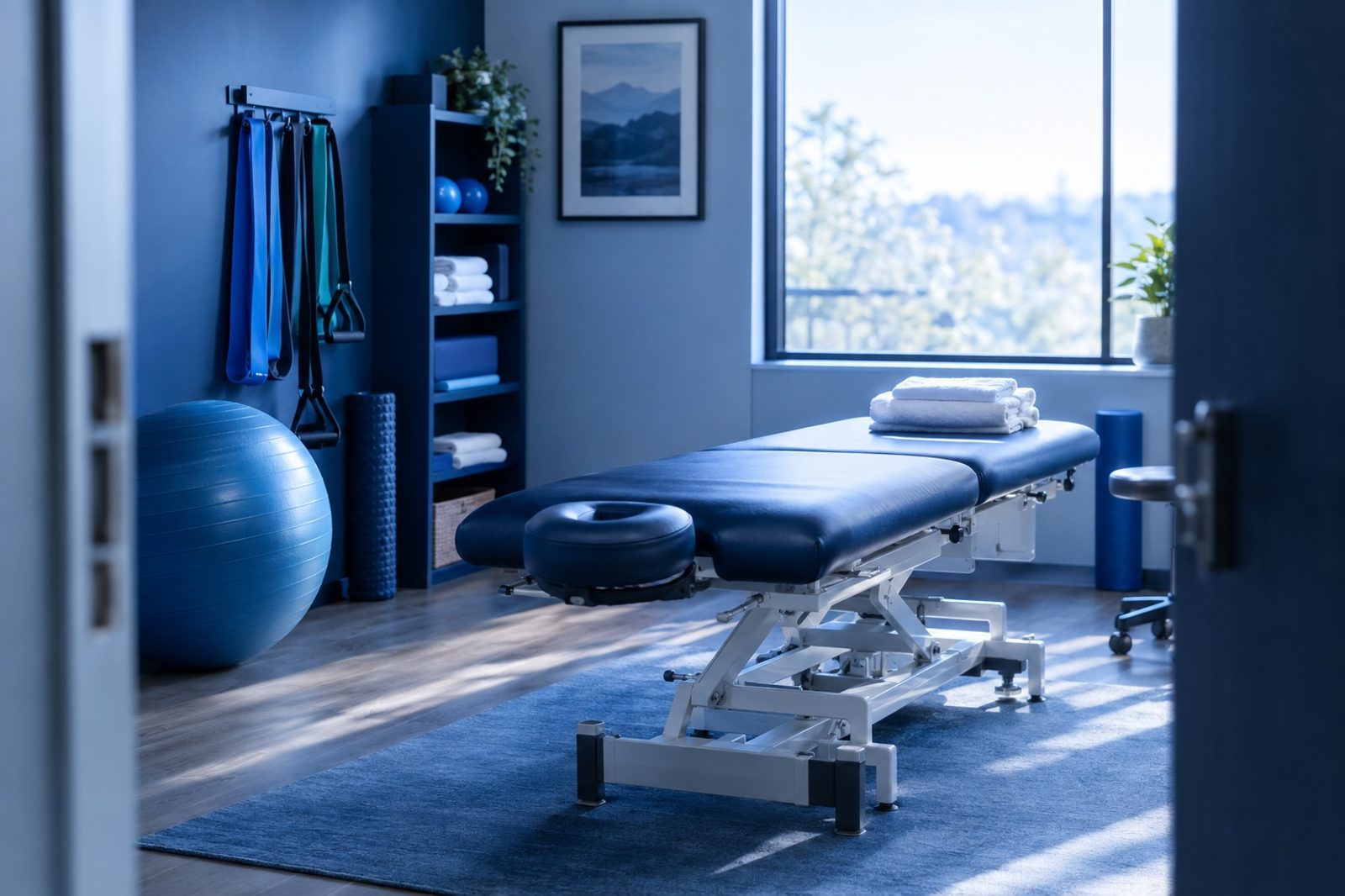 Heller Behandlungsraum einer Physiotherapiepraxis mit Liege, Gymnastikball und Therabändern