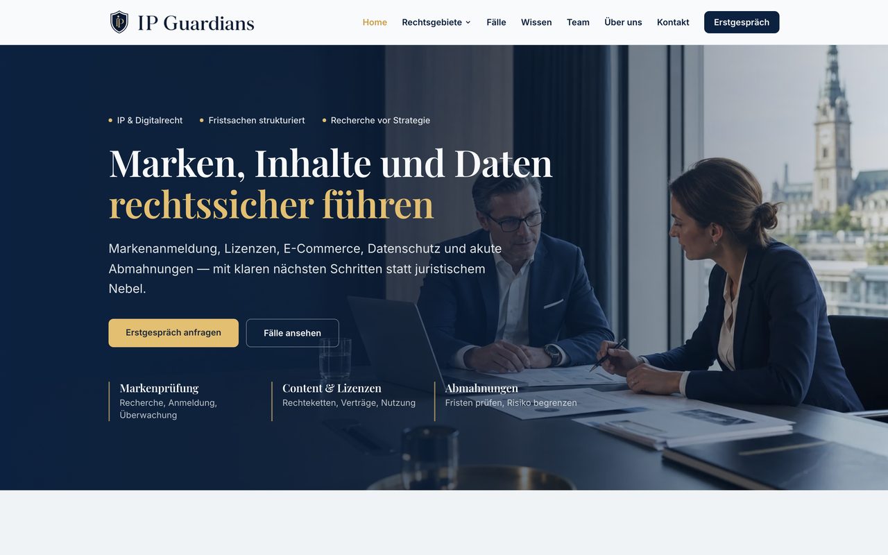 IP Guardians Rechtsanwälte Webseite auf einem Monitor