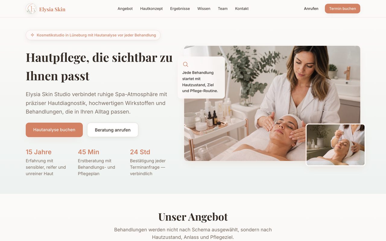 Elysia Skin Studio Webseite auf einem Monitor