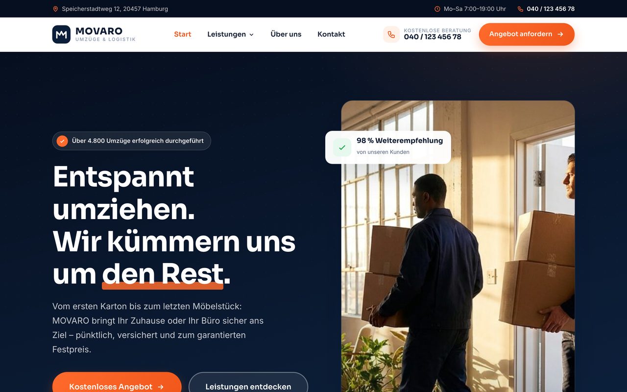 MOVARO Umzüge Hamburg Website auf einem Monitor