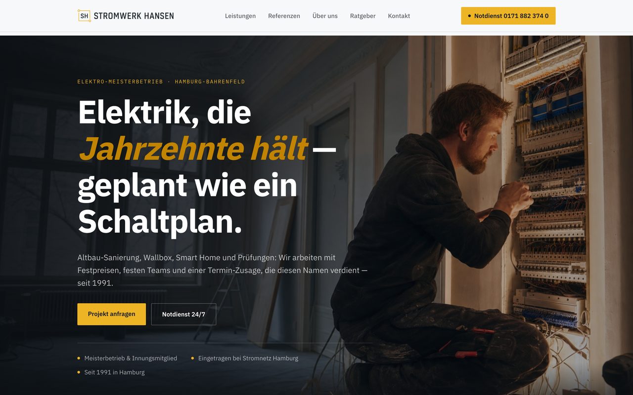 Stromwerk Hansen Webseite auf einem Monitor