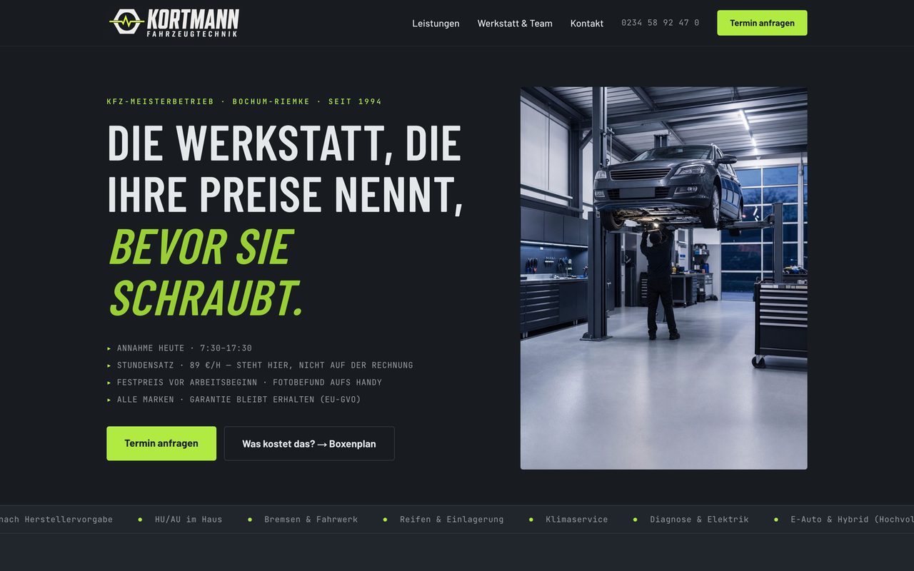 Kortmann Fahrzeugtechnik Website auf einem Monitor