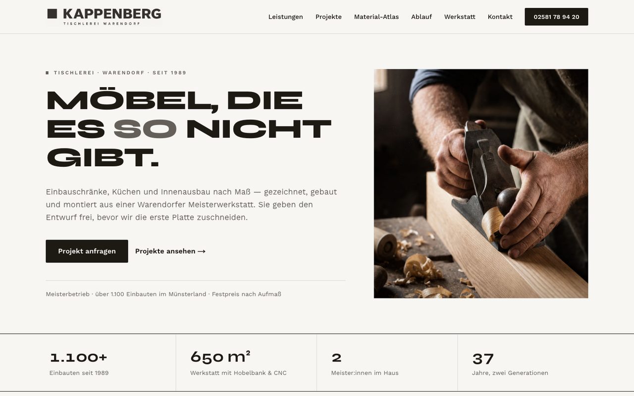 Tischlerei Kappenberg Website auf einem Monitor