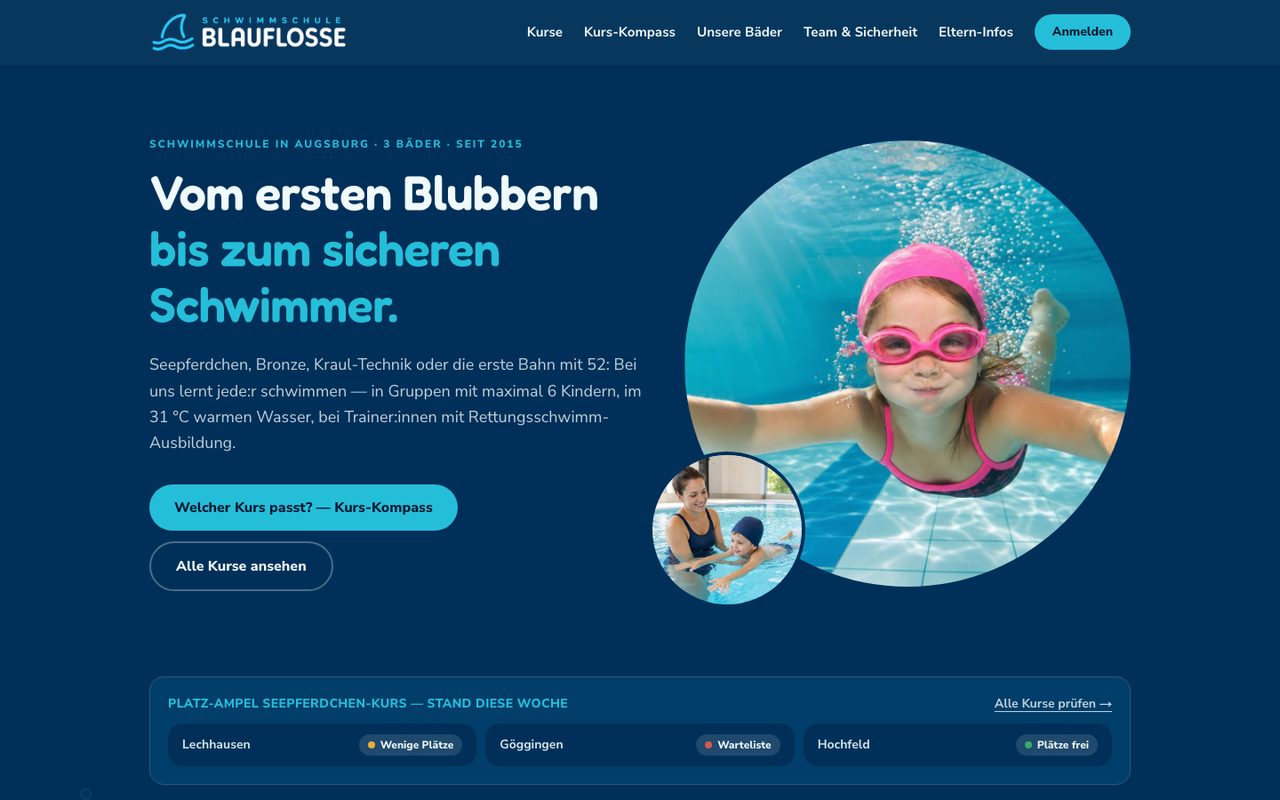 Schwimmschule Blauflosse Website auf einem Monitor