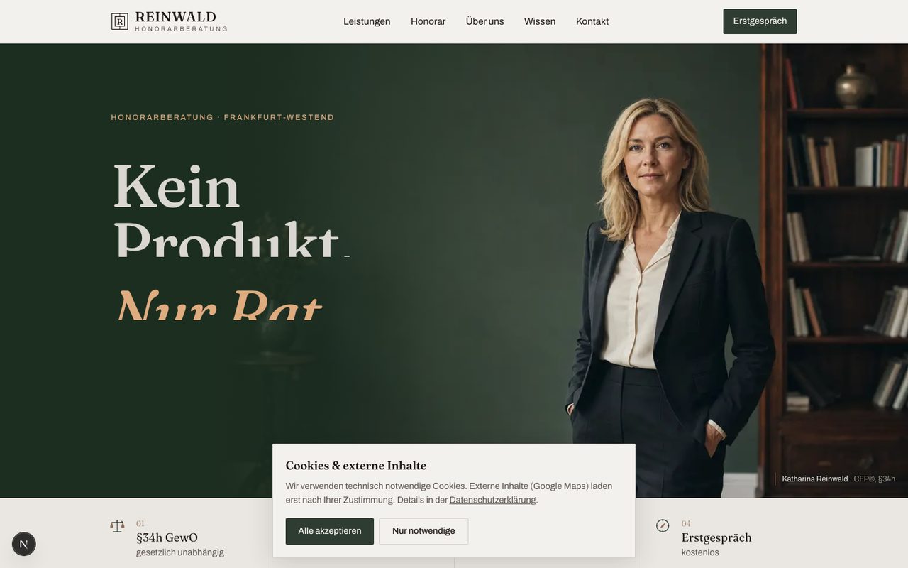 Reinwald Honorarberatung Website auf einem Monitor