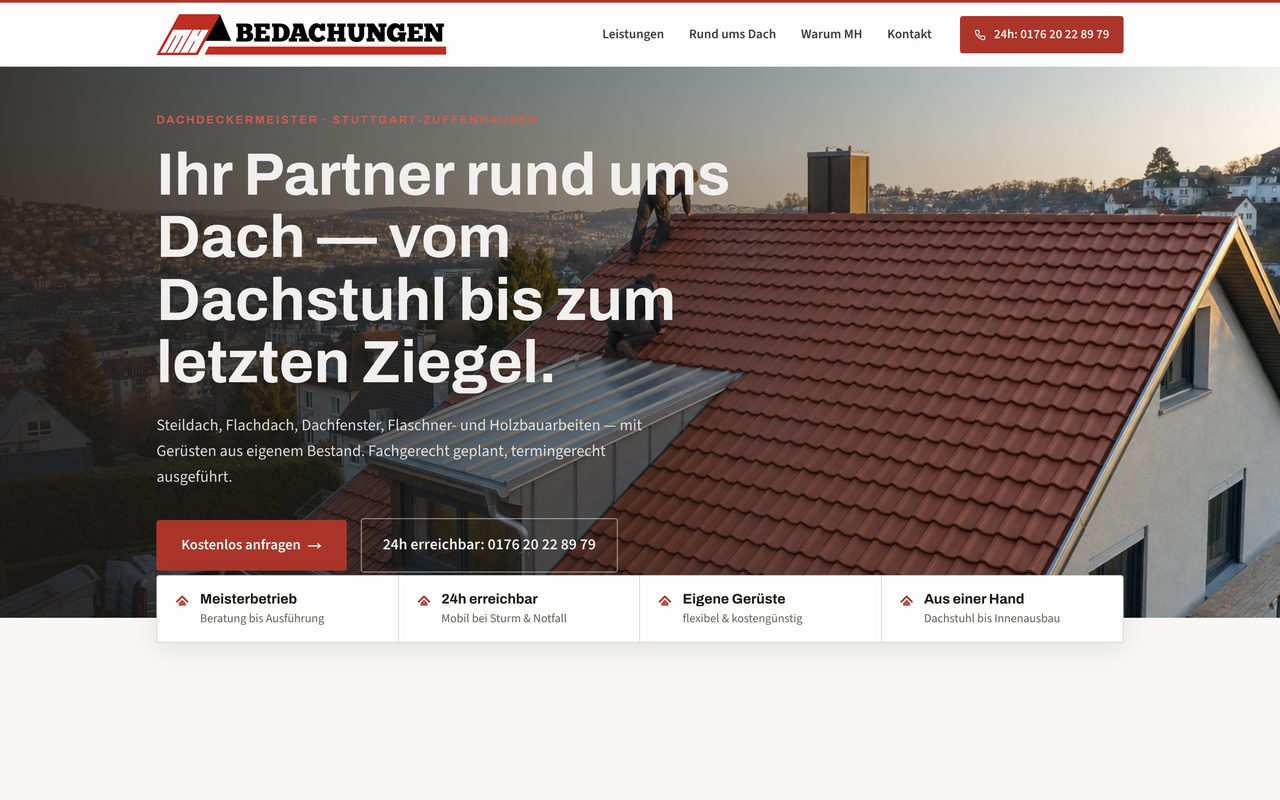 MH-Bedachungen Webseite auf einem Monitor