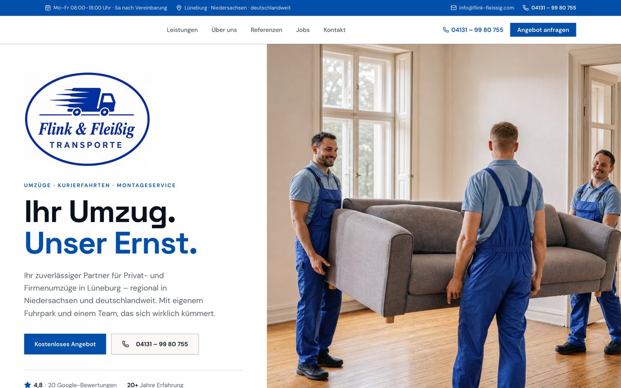 Flink & Fleißig Transporte Website auf einem Monitor
