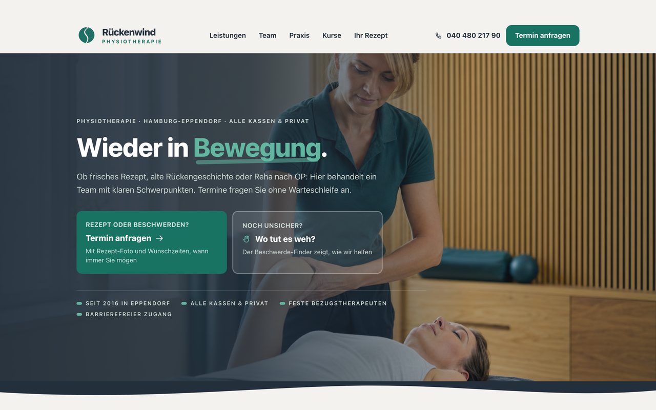 Rückenwind Physiotherapie Webseite auf einem Monitor