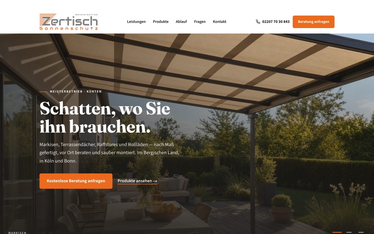 Zertisch Sonnenschutz Webseite auf einem Monitor
