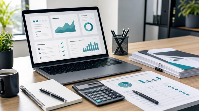 Laptop mit Projekt-Dashboard, Kalkulator und Budgetunterlagen für Website-Kostenplanung