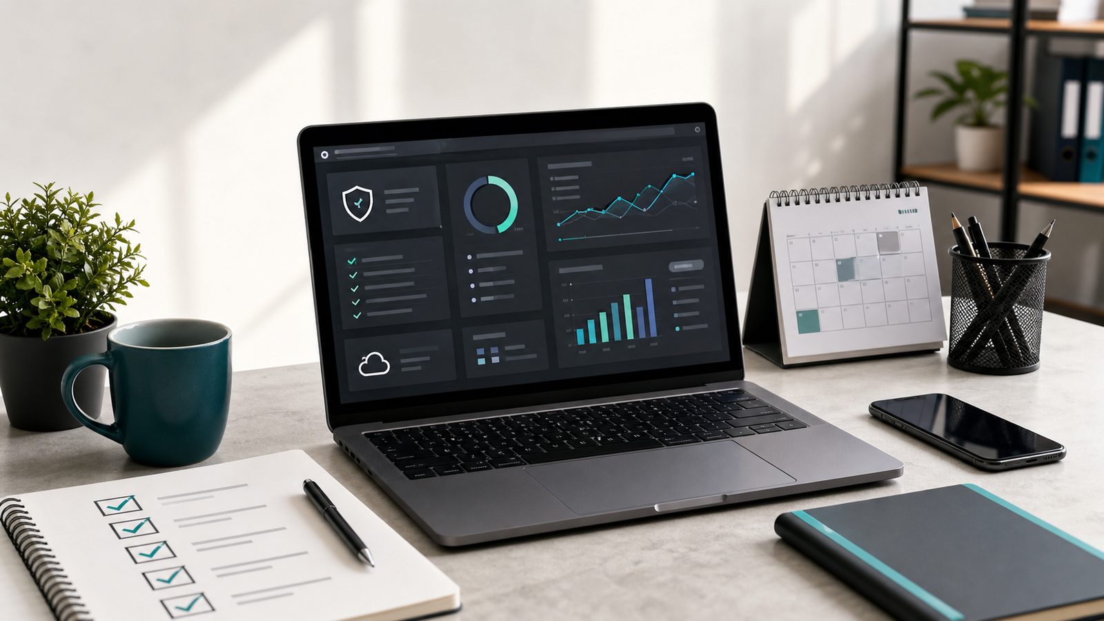 Laptop mit Wartungs-Dashboard, Checkliste und Kalender für regelmäßige Website-Pflege