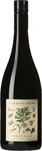 En glasflaska med Rewa Pinot Noir 2021, ett rött vin från Central Otago i Nya Zeeland