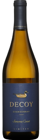 En glasflaska med Duckhorn Vineyards Decoy Limited Sonoma Coast Chardonnay 2021, ett vitt vin från Kalifornien i USA