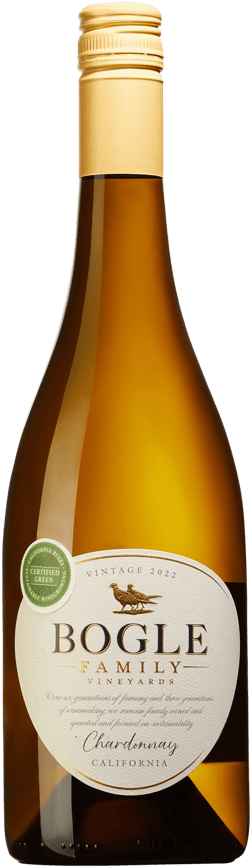 En glasflaska med Bogle Family Vineyards Chardonnay 2022, ett vitt vin från Kalifornien i USA