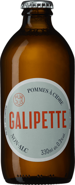 En lättare glasflaska med Galipette Pommes à cidre Non-Alc, ett cider från Frankrike