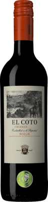 En lättare glasflaska med El Coto Crianza 2018, ett rött vin från Rioja i Spanien